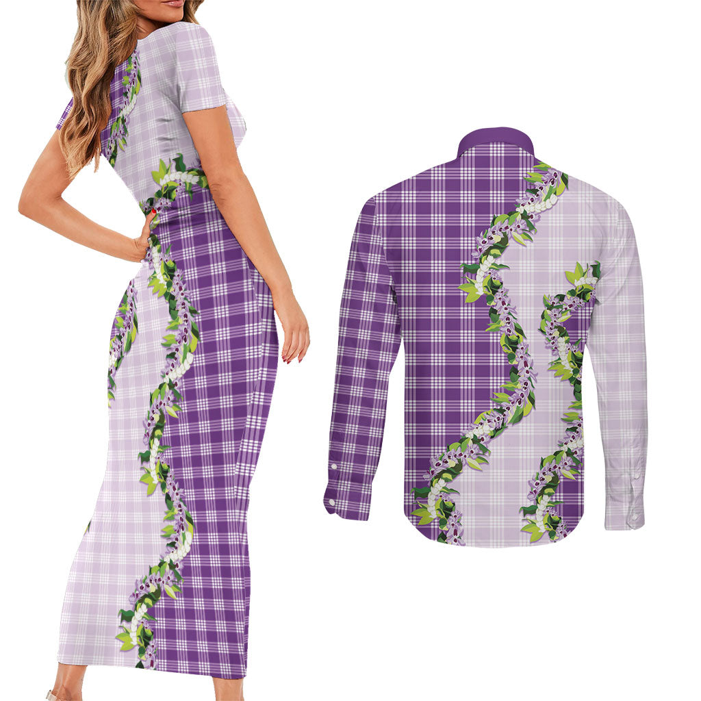 Violet Hawaii Palaka Couples Matching Short Sleeve Bodycon Dress and Long Sleeve Button Shirt Maile Pikake Honohono Orchid Lei LT05 - Polynesian Pride