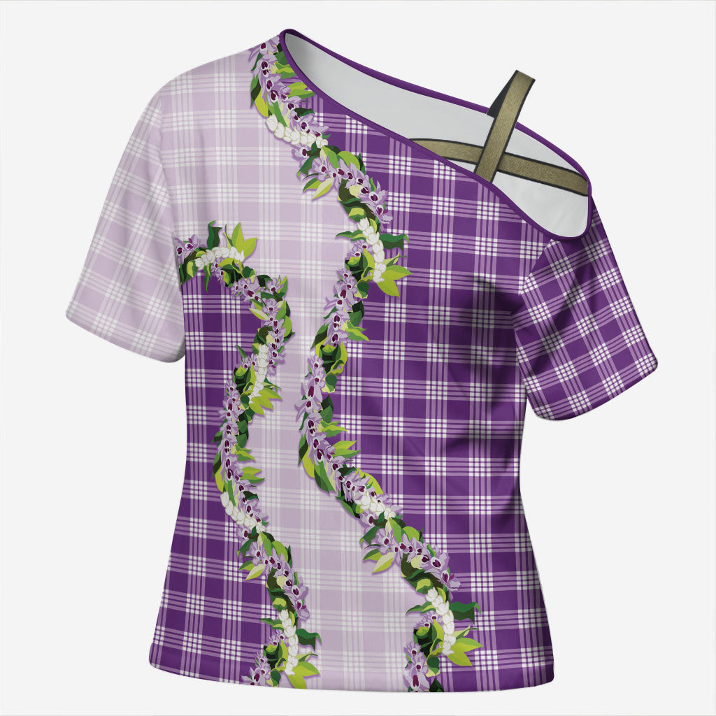 Violet Hawaii Palaka Cross Shoulder Shirt Maile Pikake Honohono Orchid Lei