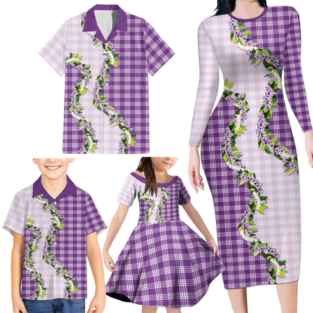 Violet Hawaii Palaka Family Matching Long Sleeve Bodycon Dress and Hawaiian Shirt Maile Pikake Honohono Orchid Lei