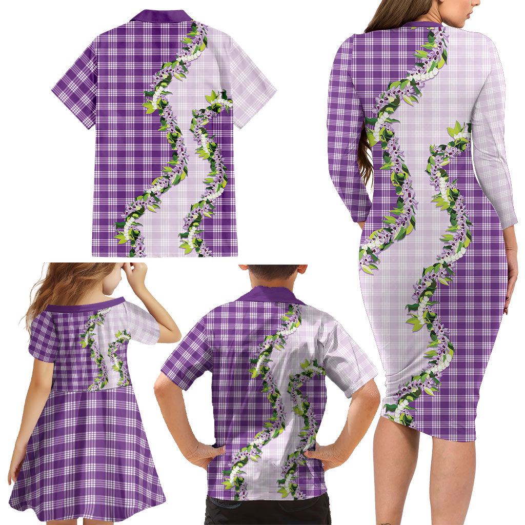 Violet Hawaii Palaka Family Matching Long Sleeve Bodycon Dress and Hawaiian Shirt Maile Pikake Honohono Orchid Lei LT05 - Polynesian Pride