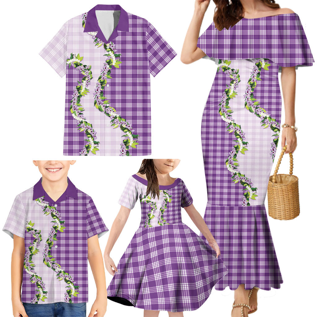 Violet Hawaii Palaka Family Matching Mermaid Dress and Hawaiian Shirt Maile Pikake Honohono Orchid Lei LT05 - Polynesian Pride