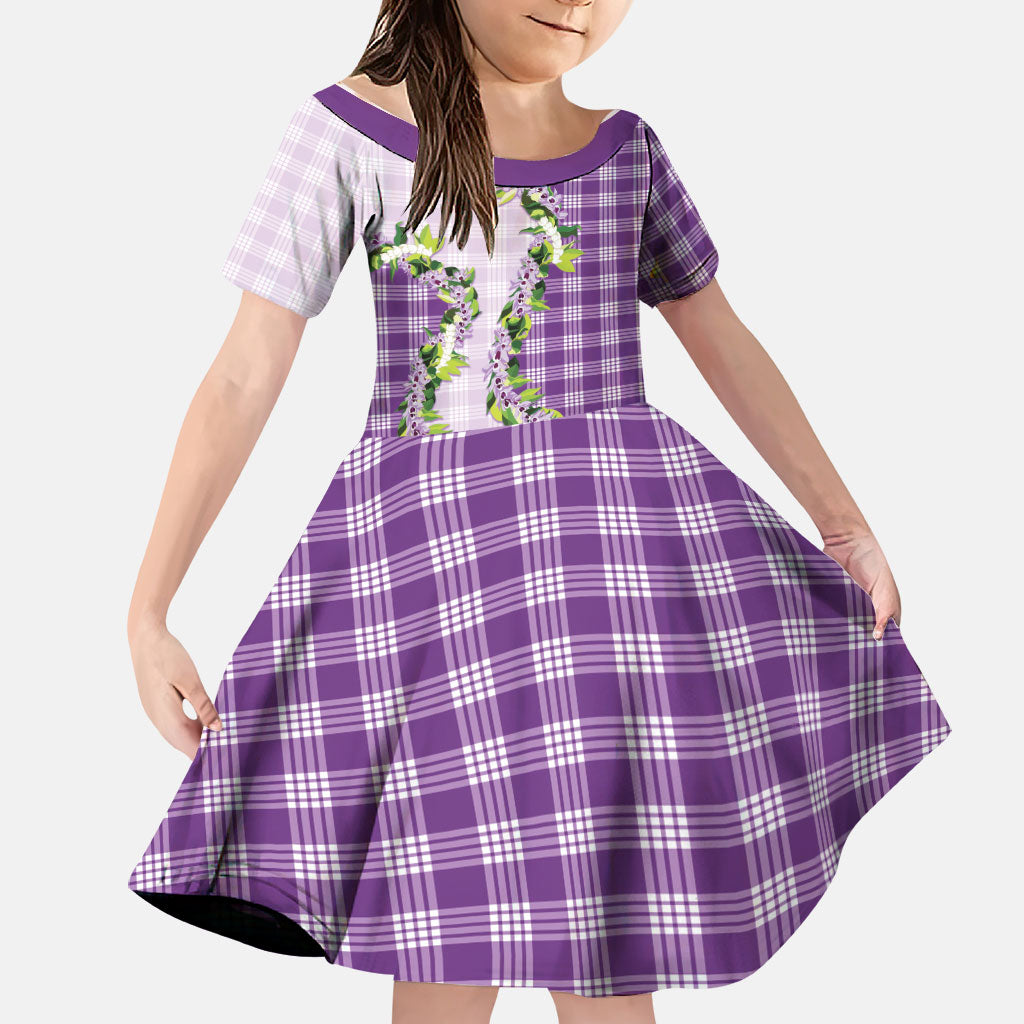 Violet Hawaii Palaka Family Matching Off Shoulder Maxi Dress and Hawaiian Shirt Maile Pikake Honohono Orchid Lei LT05 Daughter's Dress Violet - Polynesian Pride