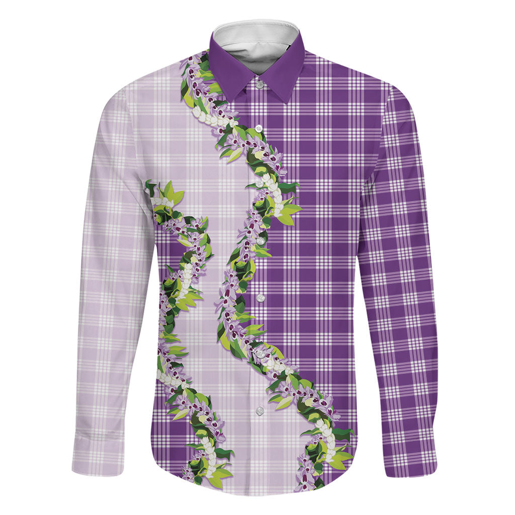 Violet Hawaii Palaka Family Matching Puletasi and Hawaiian Shirt Maile Pikake Honohono Orchid Lei LT05 Dad's Shirt - Long Sleeve Violet - Polynesian Pride
