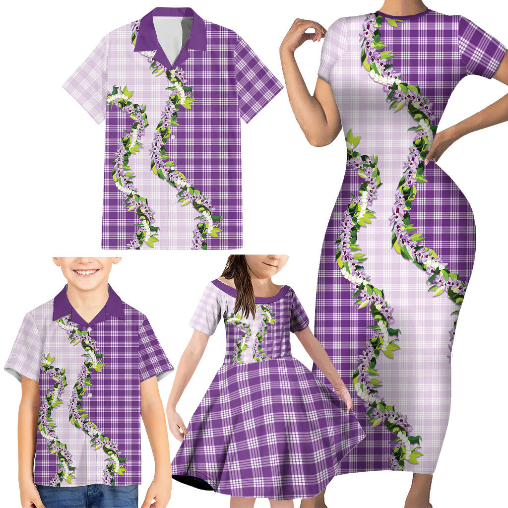 Violet Hawaii Palaka Family Matching Short Sleeve Bodycon Dress and Hawaiian Shirt Maile Pikake Honohono Orchid Lei