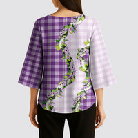 Violet Hawaii Palaka Kimono Sleeve Blouse Maile Pikake Honohono Orchid Lei