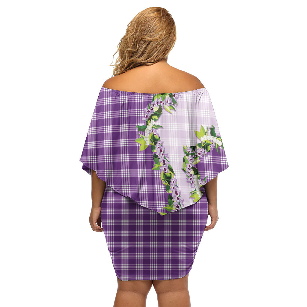 Violet Hawaii Palaka Off Shoulder Short Dress Maile Pikake Honohono Orchid Lei