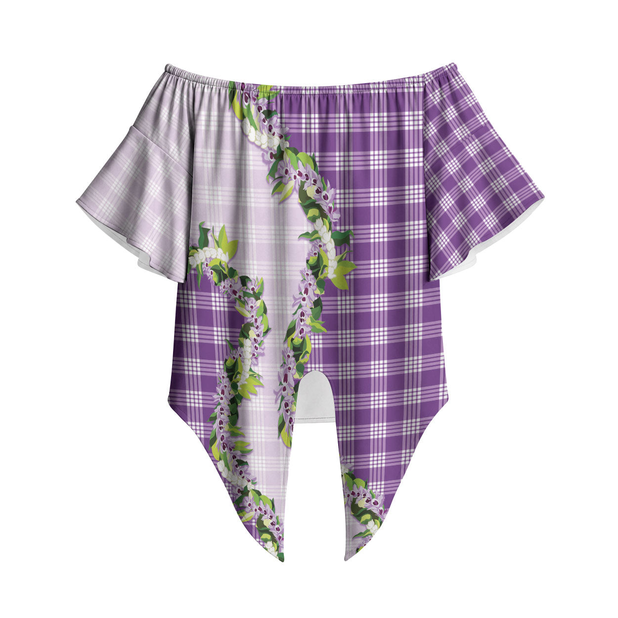 Violet Hawaii Palaka Off Shoulder Wrap Waist Top Maile Pikake Honohono Orchid Lei LT05 Violet - Polynesian Pride