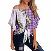 Violet Hawaii Palaka Off Shoulder Wrap Waist Top Maile Pikake Honohono Orchid Lei LT05 - Polynesian Pride