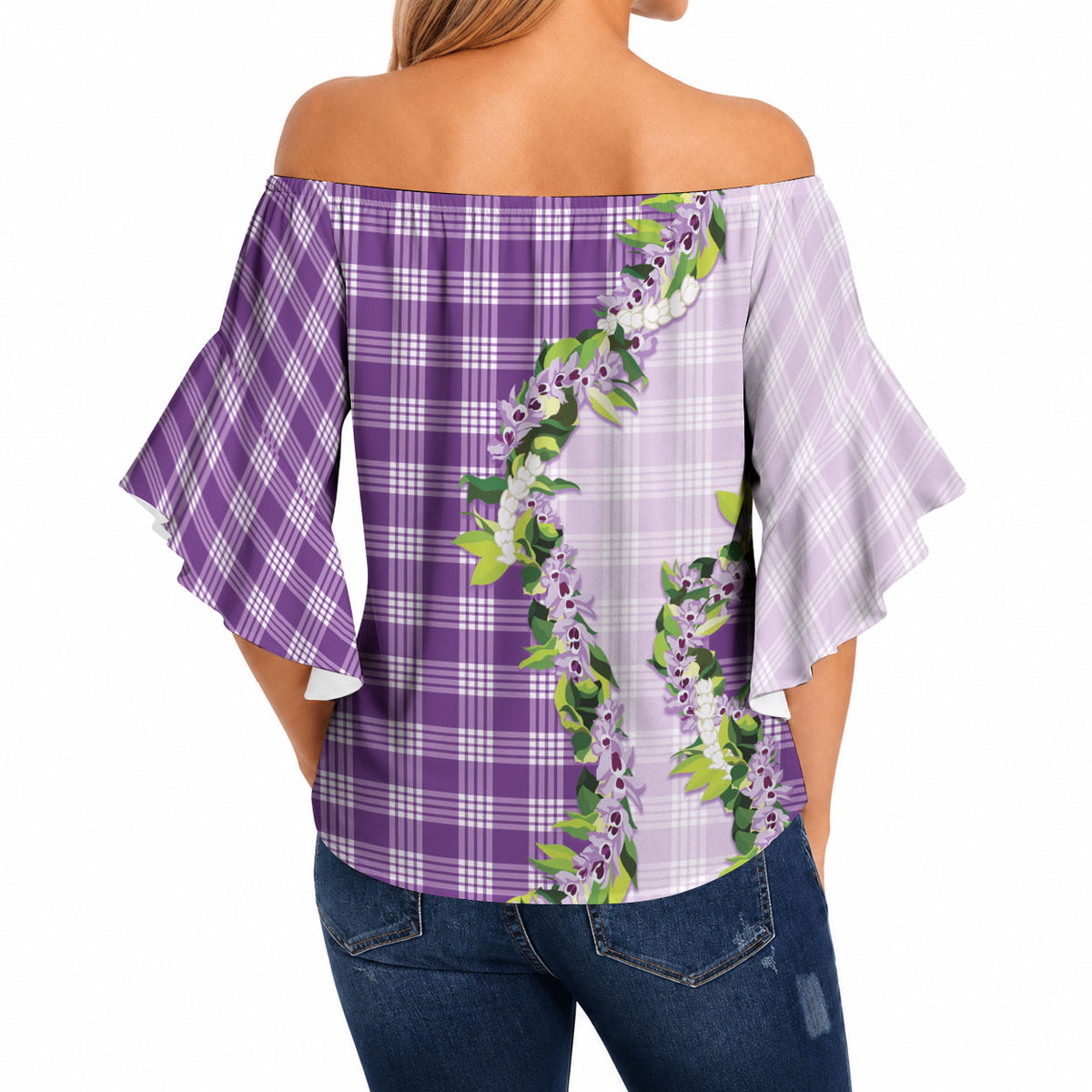 Violet Hawaii Palaka Off Shoulder Wrap Waist Top Maile Pikake Honohono Orchid Lei LT05 - Polynesian Pride