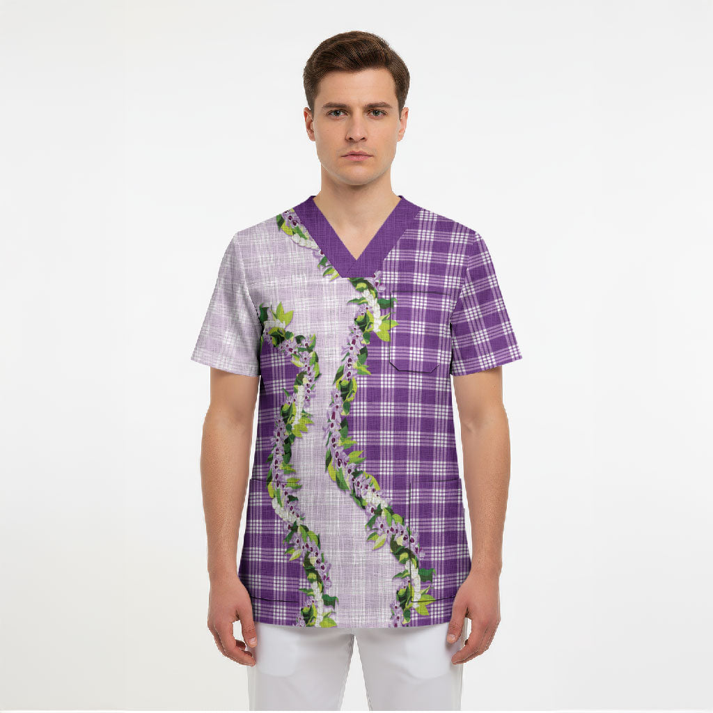 Violet Hawaii Palaka Scrub Top Maile Pikake Honohono Orchid Lei