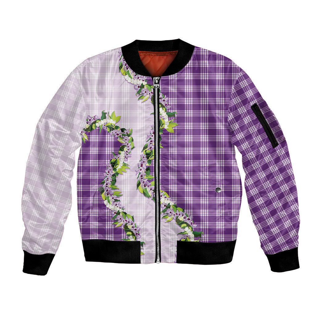 Violet Hawaii Palaka Sleeve Zip Bomber Jacket Maile Pikake Honohono Orchid Lei LT05 Unisex Violet - Polynesian Pride