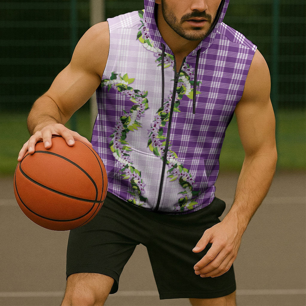 Violet Hawaii Palaka Sleeveless Zip Hoodie Maile Pikake Honohono Orchid Lei LT05 - Polynesian Pride