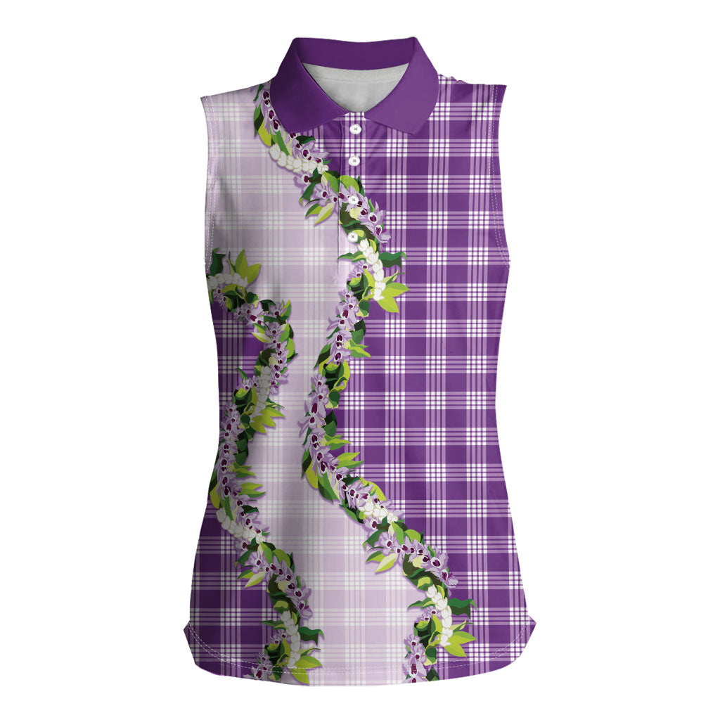 Violet Hawaii Palaka Women Sleeveless Polo Shirt Maile Pikake Honohono Orchid Lei LT05 Female Violet - Polynesian Pride