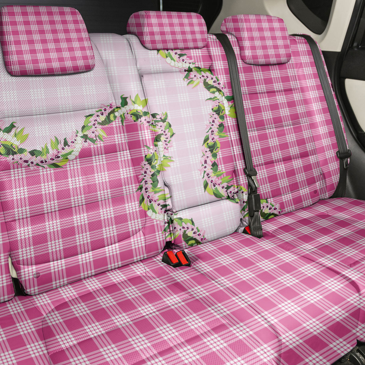 Pink Hawaii Palaka Back Car Seat Cover Maile Pikake Honohono Orchid Lei