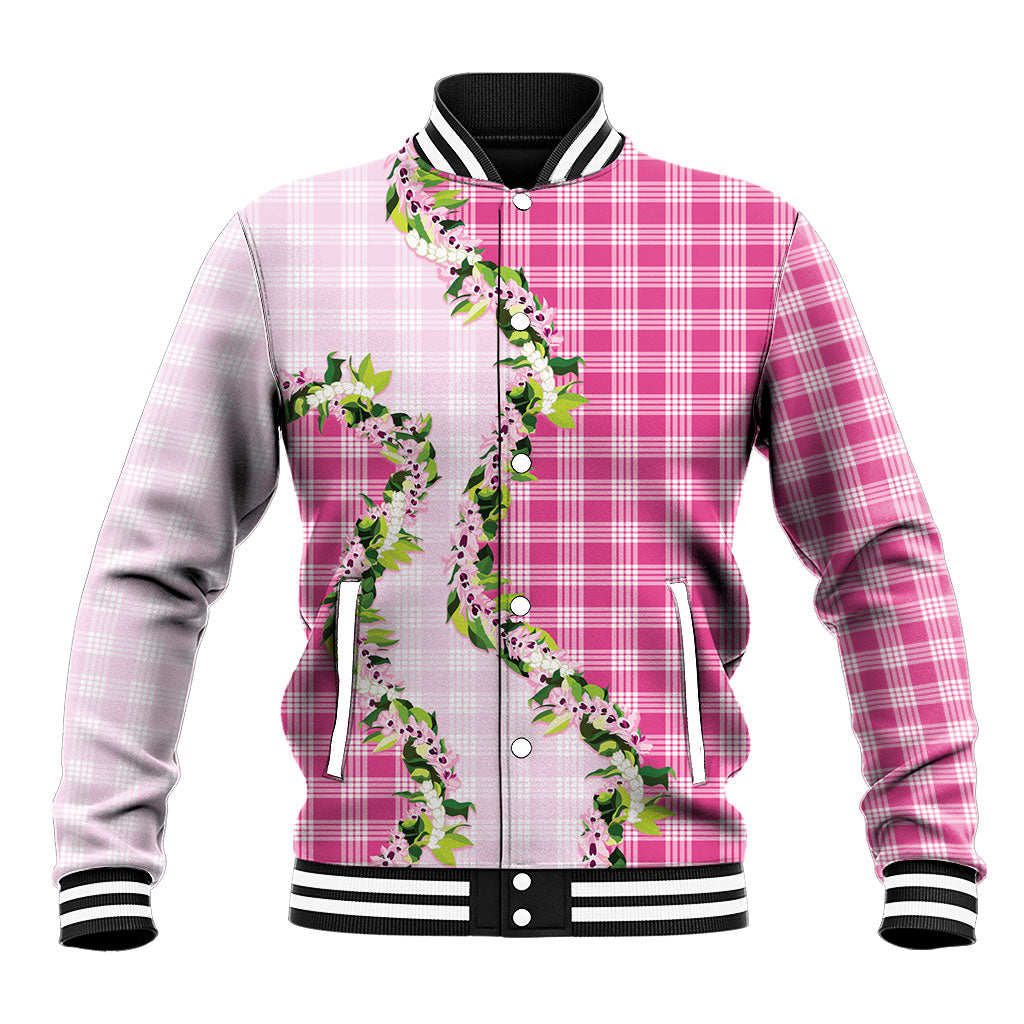 Pink Hawaii Palaka Baseball Jacket Maile Pikake Honohono Orchid Lei