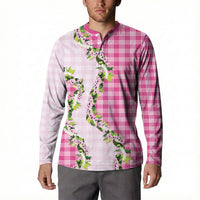 Pink Hawaii Palaka Button Sweatshirt Maile Pikake Honohono Orchid Lei