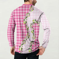Pink Hawaii Palaka Button Sweatshirt Maile Pikake Honohono Orchid Lei