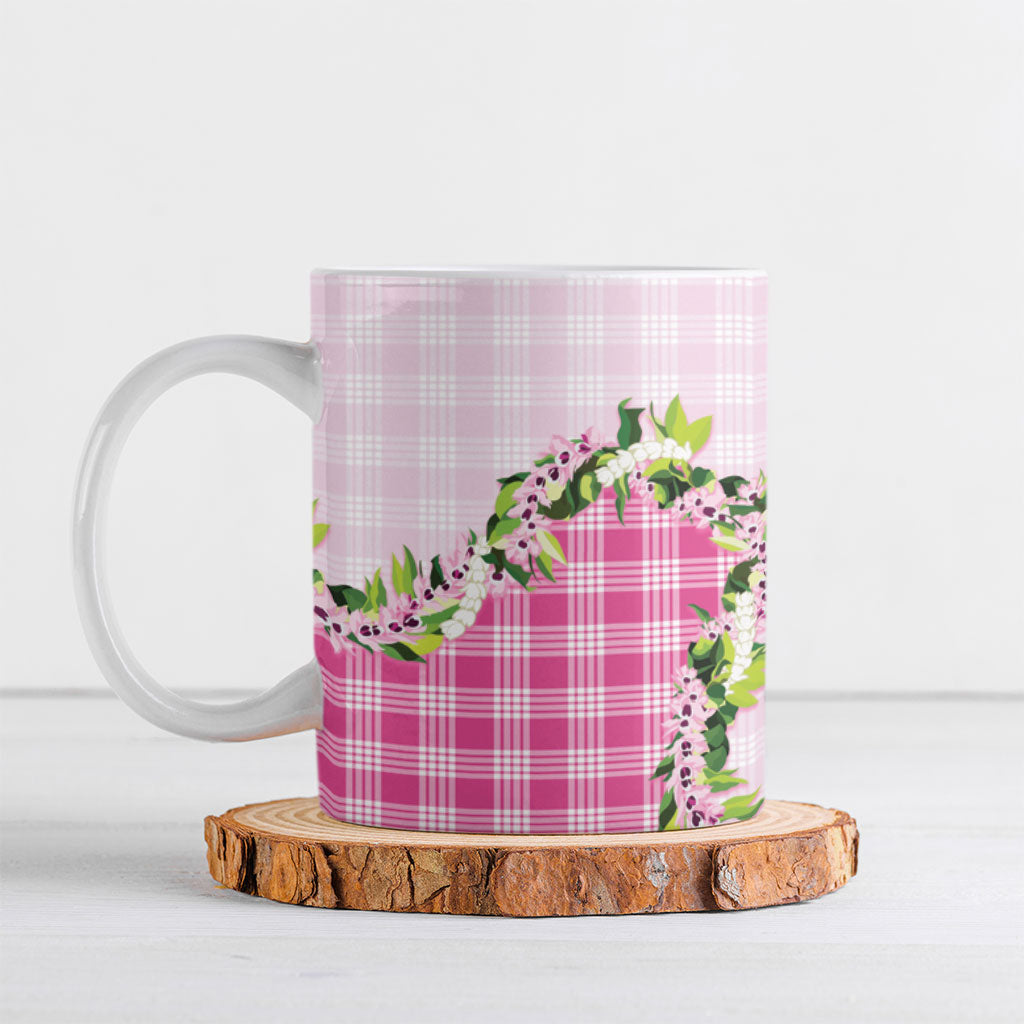 Pink Hawaii Palaka Ceramic Mug Maile Pikake Honohono Orchid Lei
