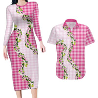 Pink Hawaii Palaka Couples Matching Long Sleeve Bodycon Dress and Hawaiian Shirt Maile Pikake Honohono Orchid Lei LT05 Pink - Polynesian Pride