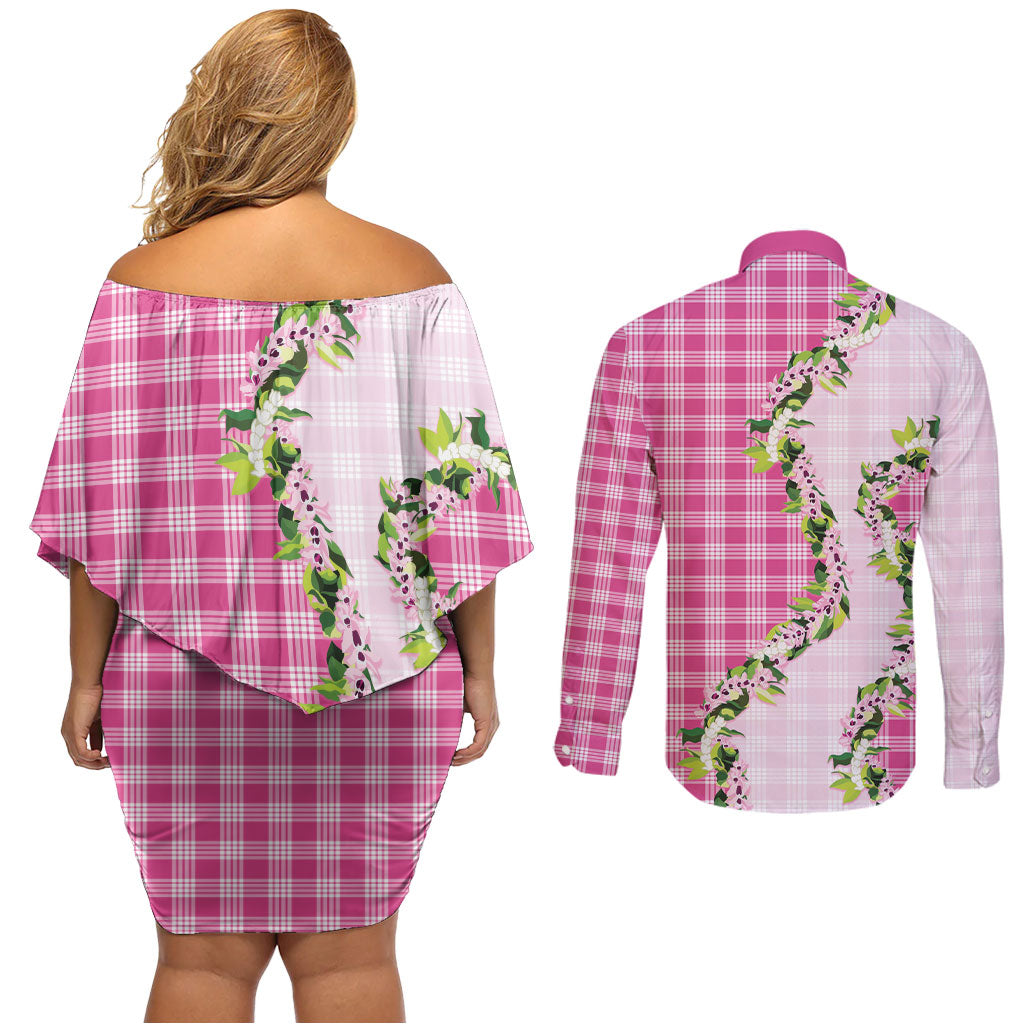 Pink Hawaii Palaka Couples Matching Off Shoulder Short Dress and Long Sleeve Button Shirt Maile Pikake Honohono Orchid Lei LT05 - Polynesian Pride