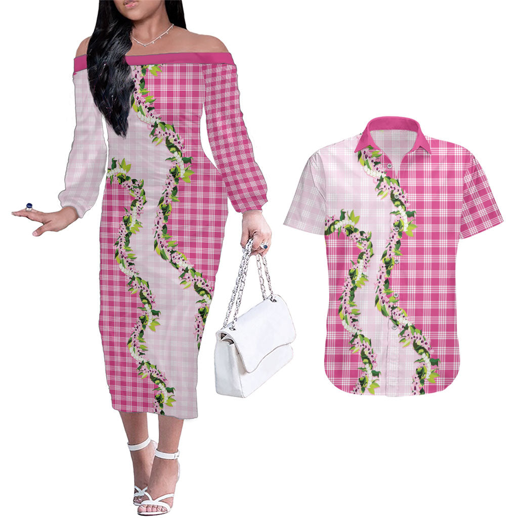 Pink Hawaii Palaka Couples Matching Off The Shoulder Long Sleeve Dress and Hawaiian Shirt Maile Pikake Honohono Orchid Lei