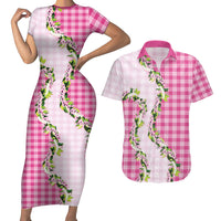 Pink Hawaii Palaka Couples Matching Short Sleeve Bodycon Dress and Hawaiian Shirt Maile Pikake Honohono Orchid Lei LT05 Pink - Polynesian Pride
