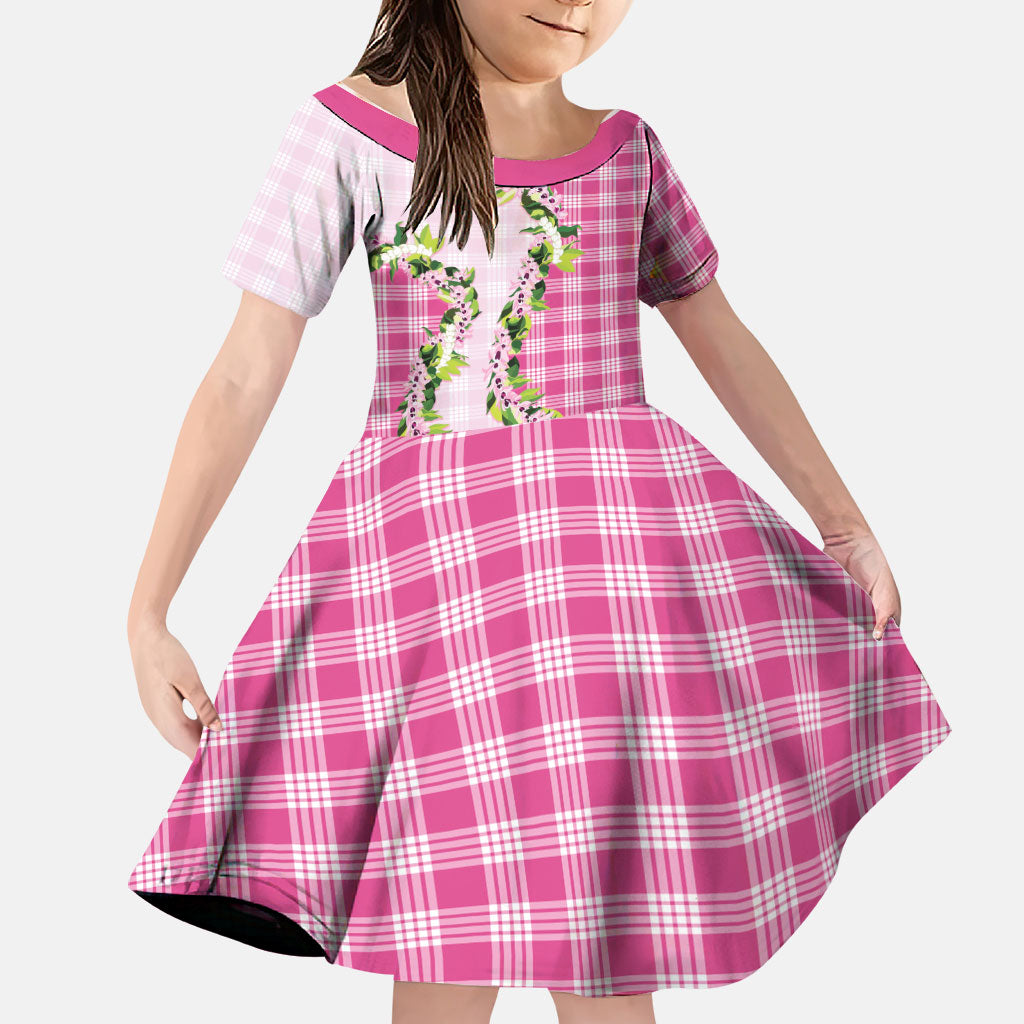 Pink Hawaii Palaka Family Matching Long Sleeve Bodycon Dress and Hawaiian Shirt Maile Pikake Honohono Orchid Lei LT05 Daughter's Dress Pink - Polynesian Pride