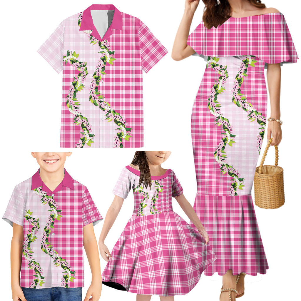 Pink Hawaii Palaka Family Matching Mermaid Dress and Hawaiian Shirt Maile Pikake Honohono Orchid Lei LT05 - Polynesian Pride
