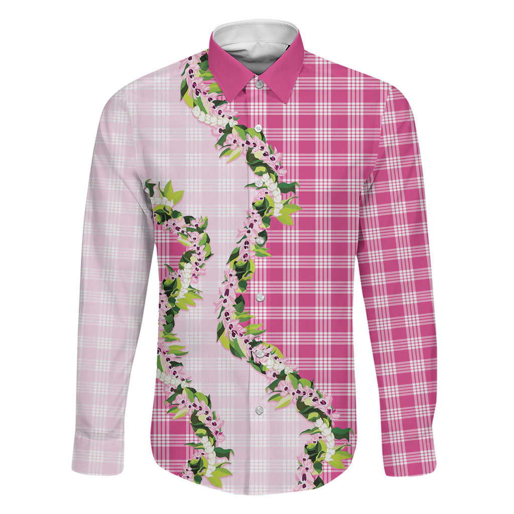 Pink Hawaii Palaka Family Matching Off The Shoulder Long Sleeve Dress and Hawaiian Shirt Maile Pikake Honohono Orchid Lei LT05 Dad's Shirt - Long Sleeve Pink - Polynesian Pride