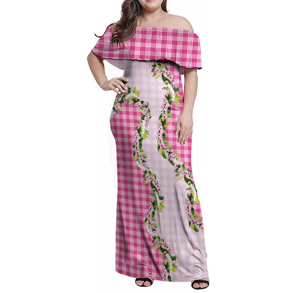 Pink Hawaii Palaka Family Matching Off Shoulder Maxi Dress and Hawaiian Shirt Maile Pikake Honohono Orchid Lei LT05 Mom's Dress Pink - Polynesian Pride