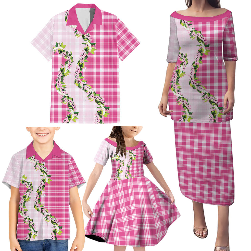 Pink Hawaii Palaka Family Matching Puletasi and Hawaiian Shirt Maile Pikake Honohono Orchid Lei LT05 - Polynesian Pride