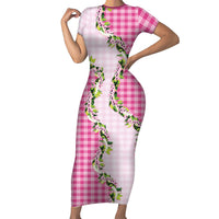 Pink Hawaii Palaka Family Matching Short Sleeve Bodycon Dress and Hawaiian Shirt Maile Pikake Honohono Orchid Lei LT05 Mom's Dress Pink - Polynesian Pride