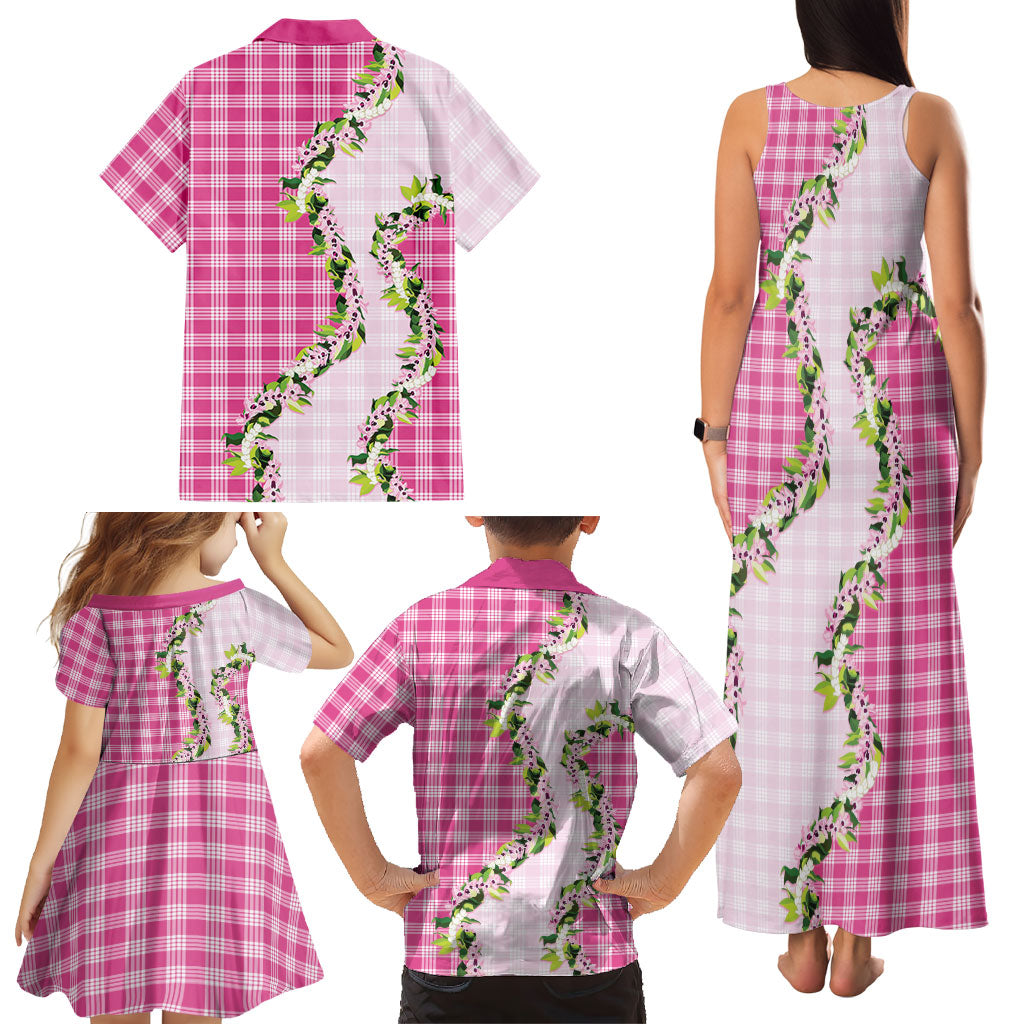 Pink Hawaii Palaka Family Matching Tank Maxi Dress and Hawaiian Shirt Maile Pikake Honohono Orchid Lei LT05 - Polynesian Pride