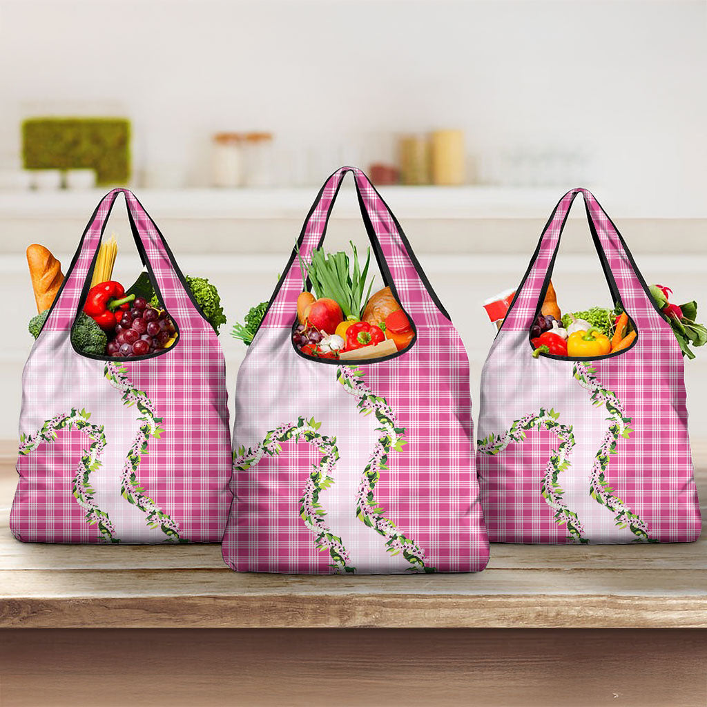 Pink Hawaii Palaka Grocery Bag Maile Pikake Honohono Orchid Lei
