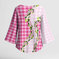 Pink Hawaii Palaka Kimono Sleeve Blouse Maile Pikake Honohono Orchid Lei LT05 - Polynesian Pride