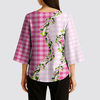 Pink Hawaii Palaka Kimono Sleeve Blouse Maile Pikake Honohono Orchid Lei LT05 - Polynesian Pride