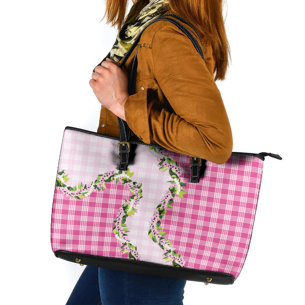 Pink Hawaii Palaka Leather Tote Bag Maile Pikake Honohono Orchid Lei