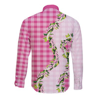 Pink Hawaii Palaka Long Sleeve Button Shirt Maile Pikake Honohono Orchid Lei