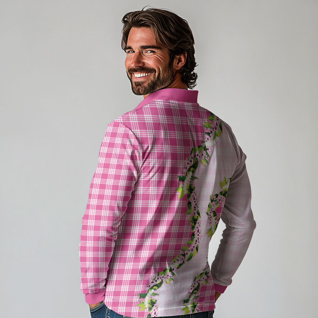 Pink Hawaii Palaka Long Sleeve Polo Shirt Maile Pikake Honohono Orchid Lei LT05 - Polynesian Pride