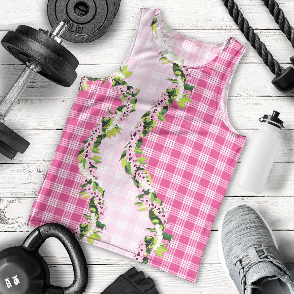 Pink Hawaii Palaka Men Tank Top Maile Pikake Honohono Orchid Lei