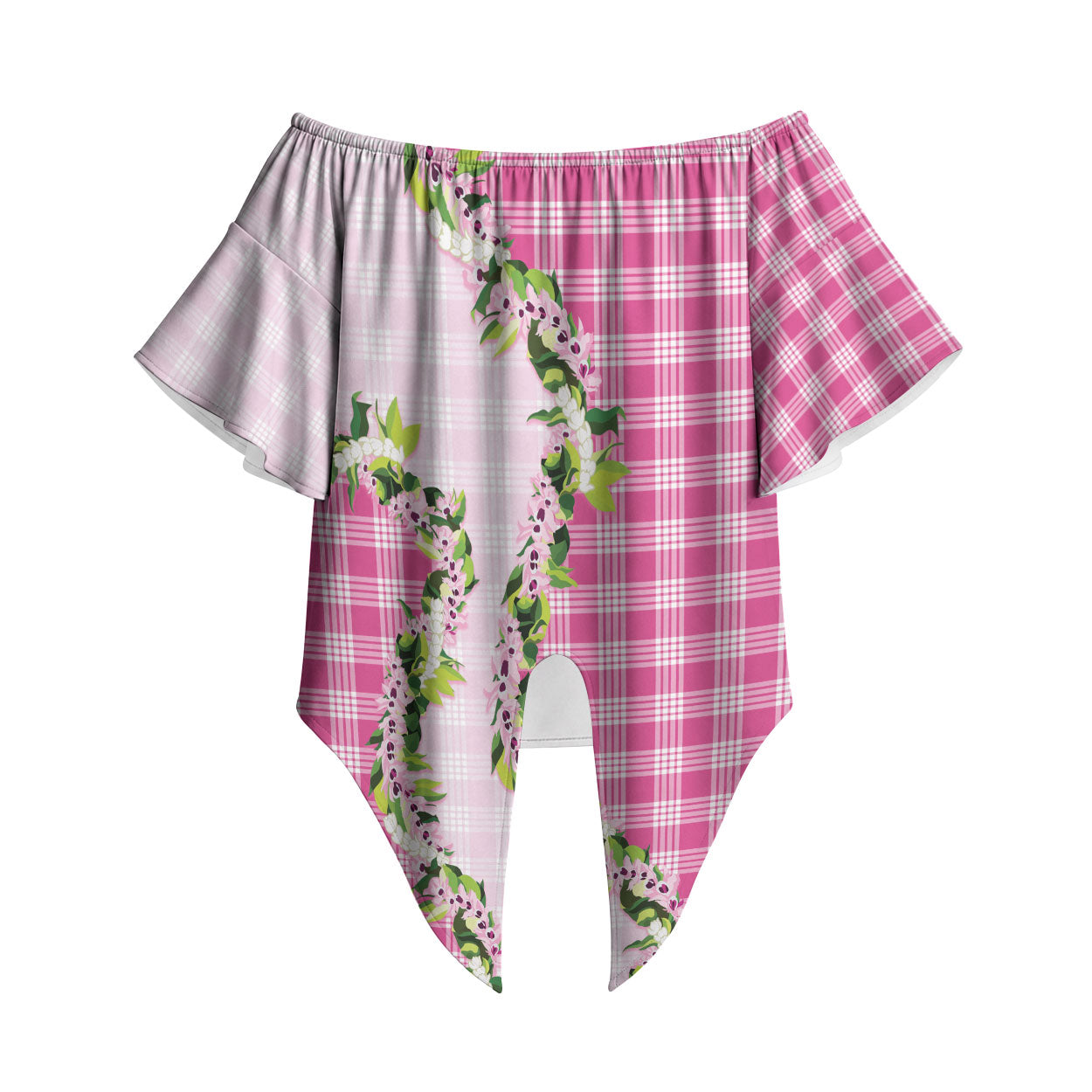 Pink Hawaii Palaka Off Shoulder Wrap Waist Top Maile Pikake Honohono Orchid Lei LT05 Pink - Polynesian Pride