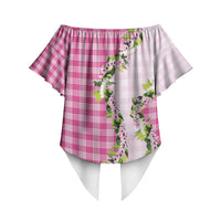 Pink Hawaii Palaka Off Shoulder Wrap Waist Top Maile Pikake Honohono Orchid Lei LT05 - Polynesian Pride