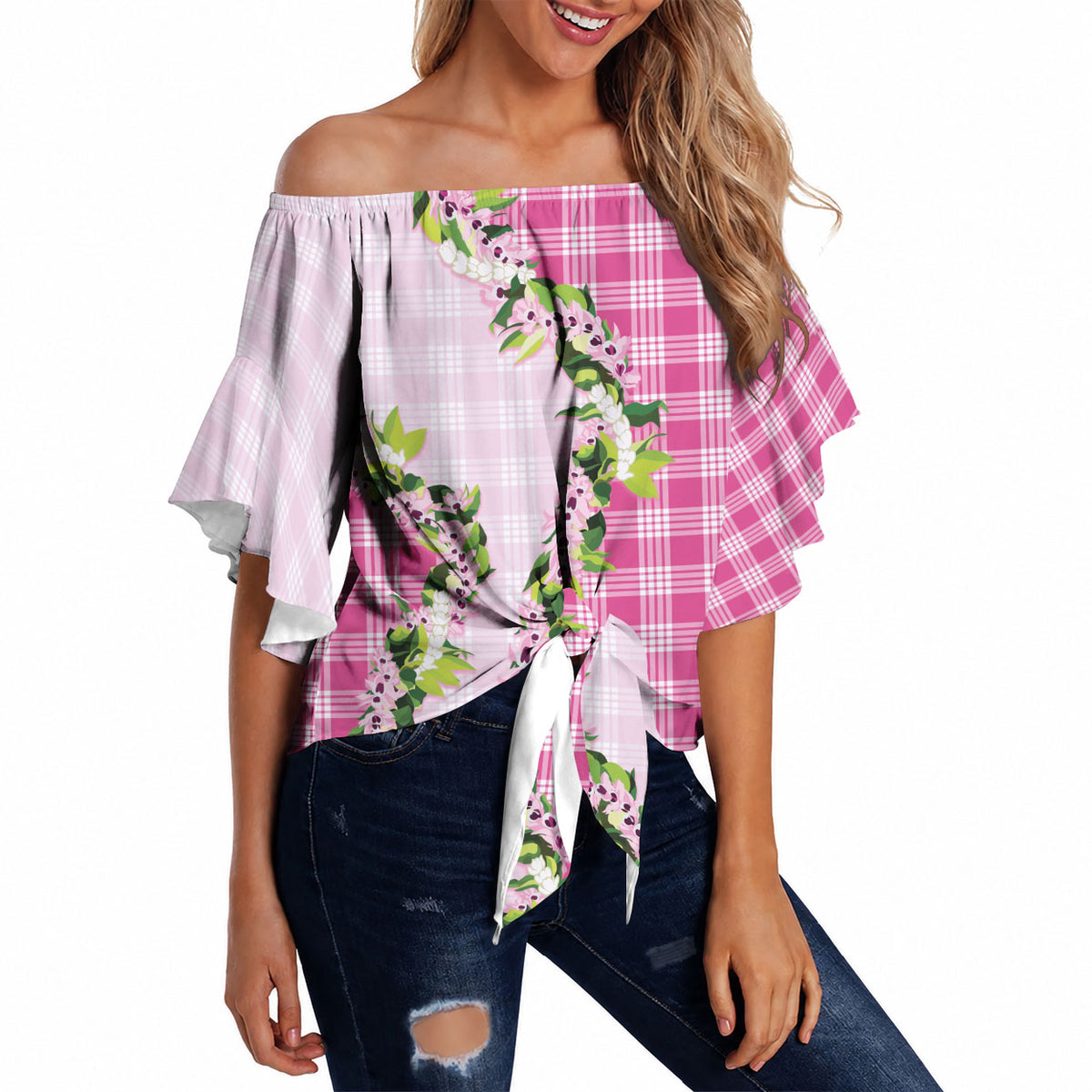 Pink Hawaii Palaka Off Shoulder Wrap Waist Top Maile Pikake Honohono Orchid Lei LT05 - Polynesian Pride