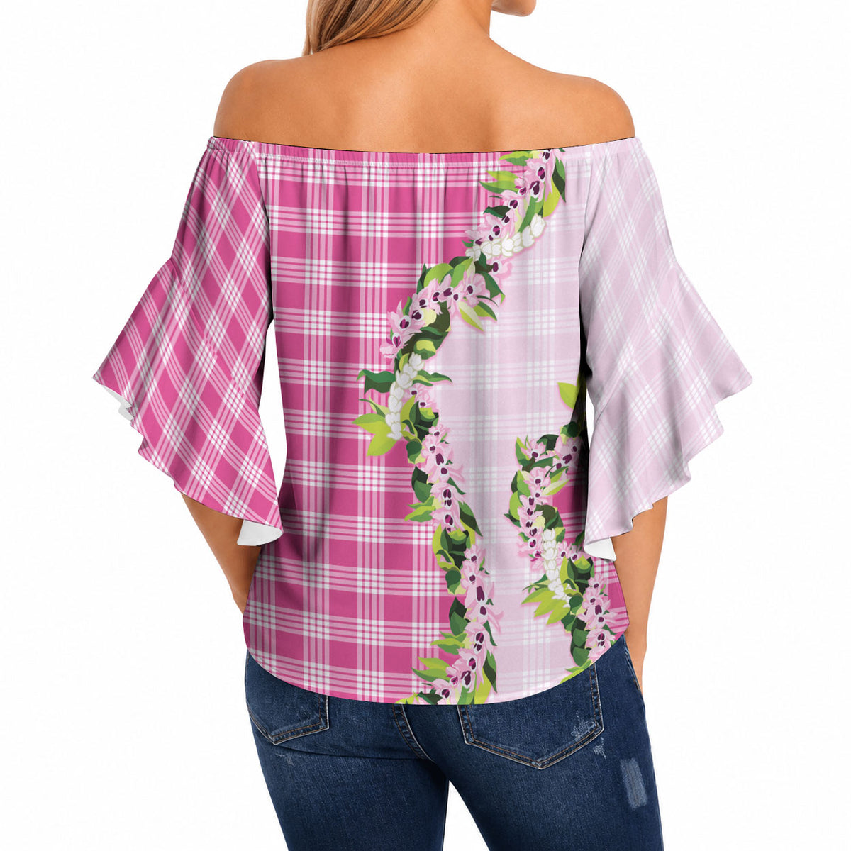 Pink Hawaii Palaka Off Shoulder Wrap Waist Top Maile Pikake Honohono Orchid Lei LT05 - Polynesian Pride