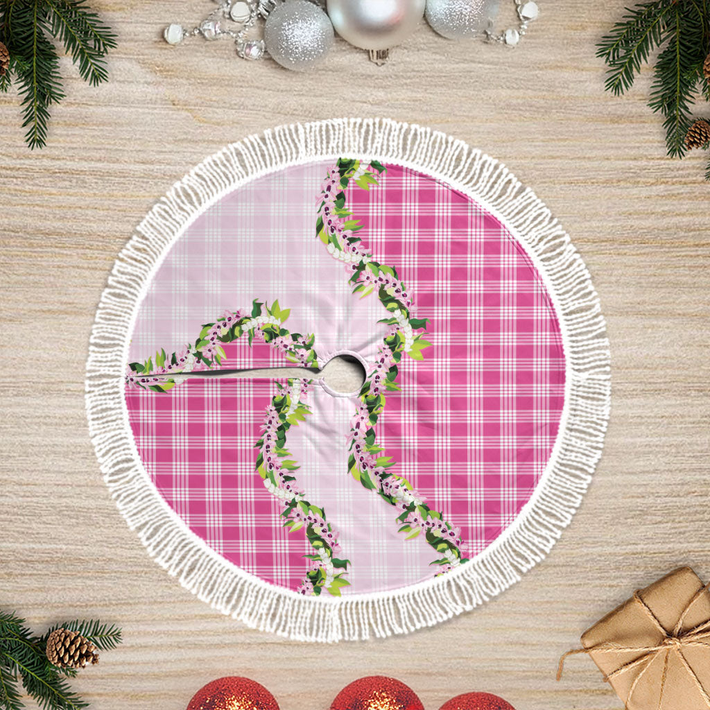 Pink Hawaii Palaka Tree Skirt Maile Pikake Honohono Orchid Lei LT05 Fringed Pink - Polynesian Pride