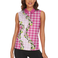 Pink Hawaii Palaka Women Sleeveless Polo Shirt Maile Pikake Honohono Orchid Lei LT05 - Polynesian Pride