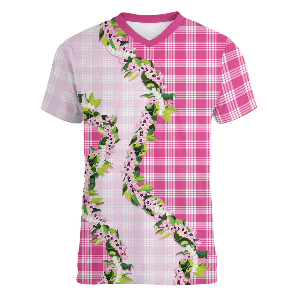 Pink Hawaii Palaka Women V-Neck T-Shirt Maile Pikake Honohono Orchid Lei
