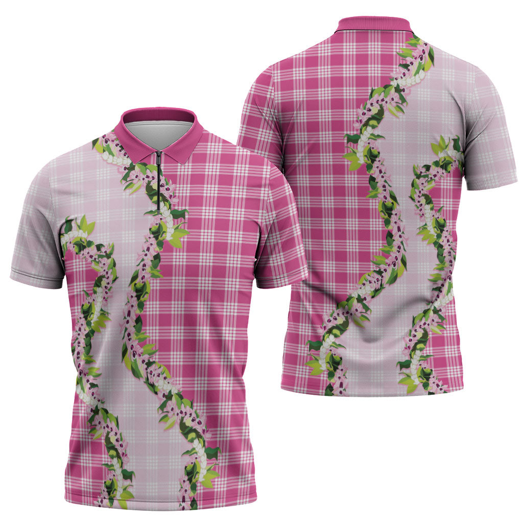 Pink Hawaii Palaka Zipper Polo Shirt Maile Pikake Honohono Orchid Lei LT05 - Polynesian Pride