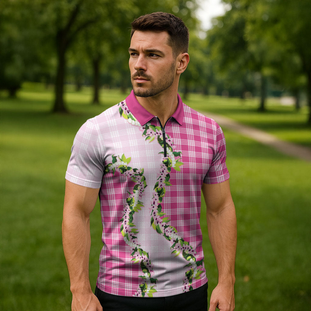 Pink Hawaii Palaka Zipper Polo Shirt Maile Pikake Honohono Orchid Lei LT05 - Polynesian Pride