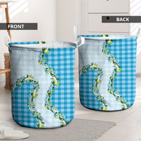 Blue Hawaii Palaka Laundry Basket Maile Pikake Honohono Orchid Lei